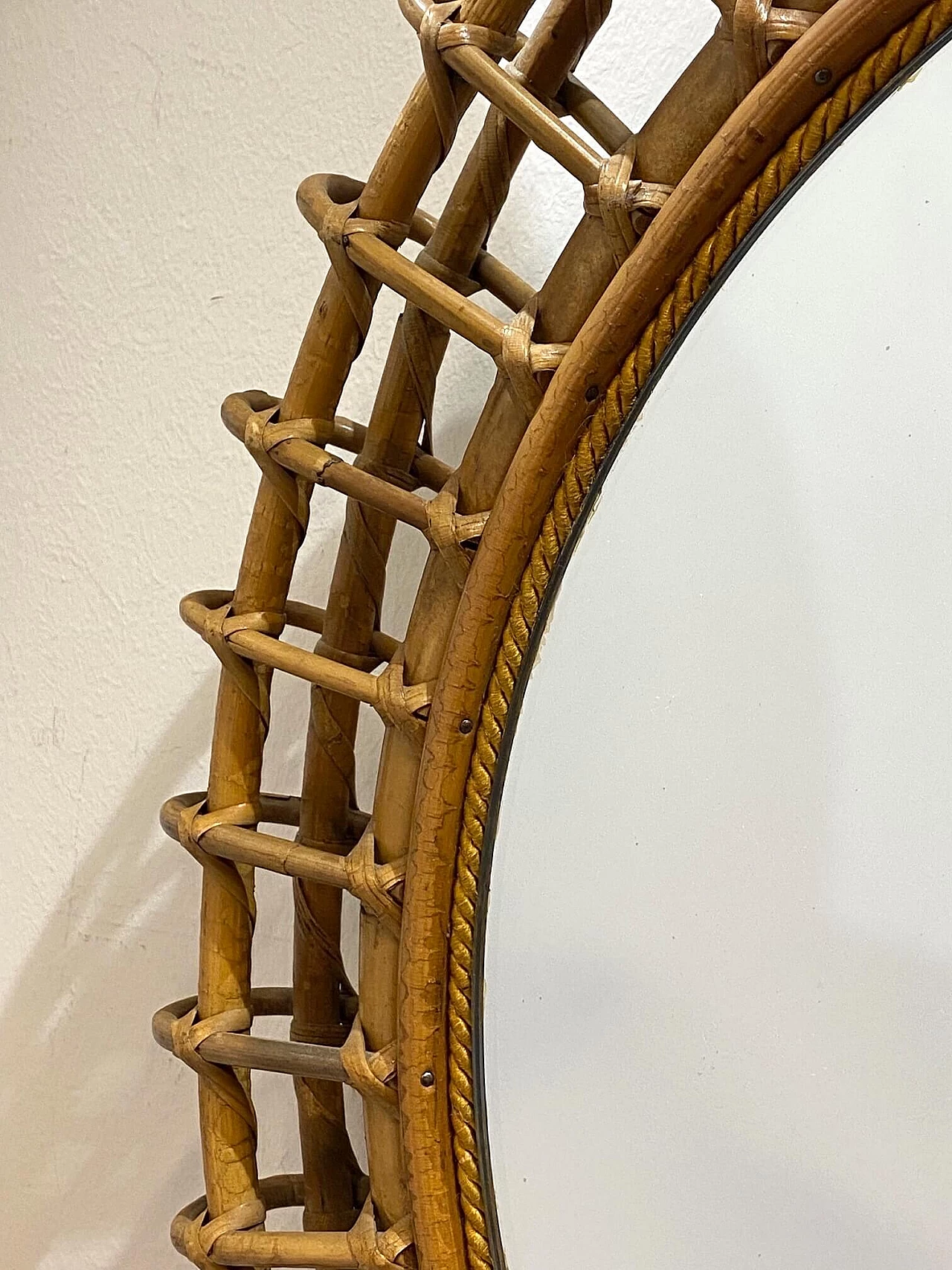 Round mirror in bamboo and wicker, 1970s 1342950