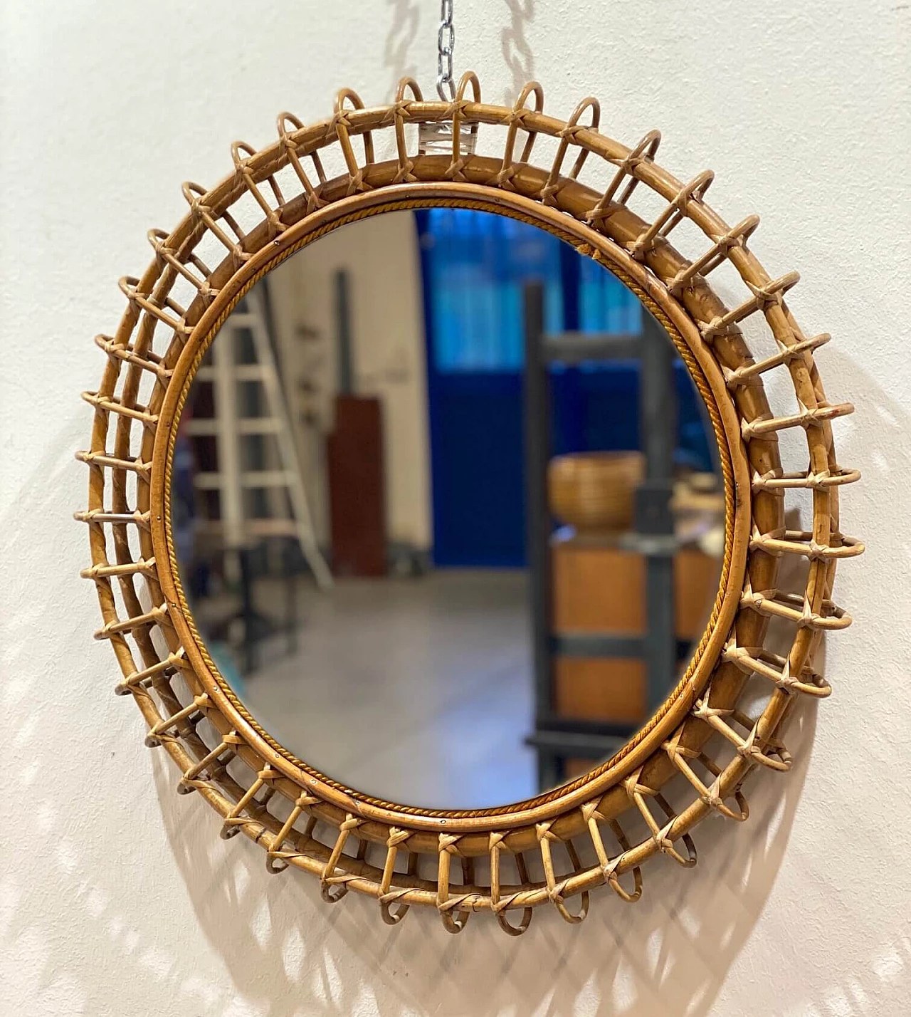 Round mirror in bamboo and wicker, 1970s 1342951