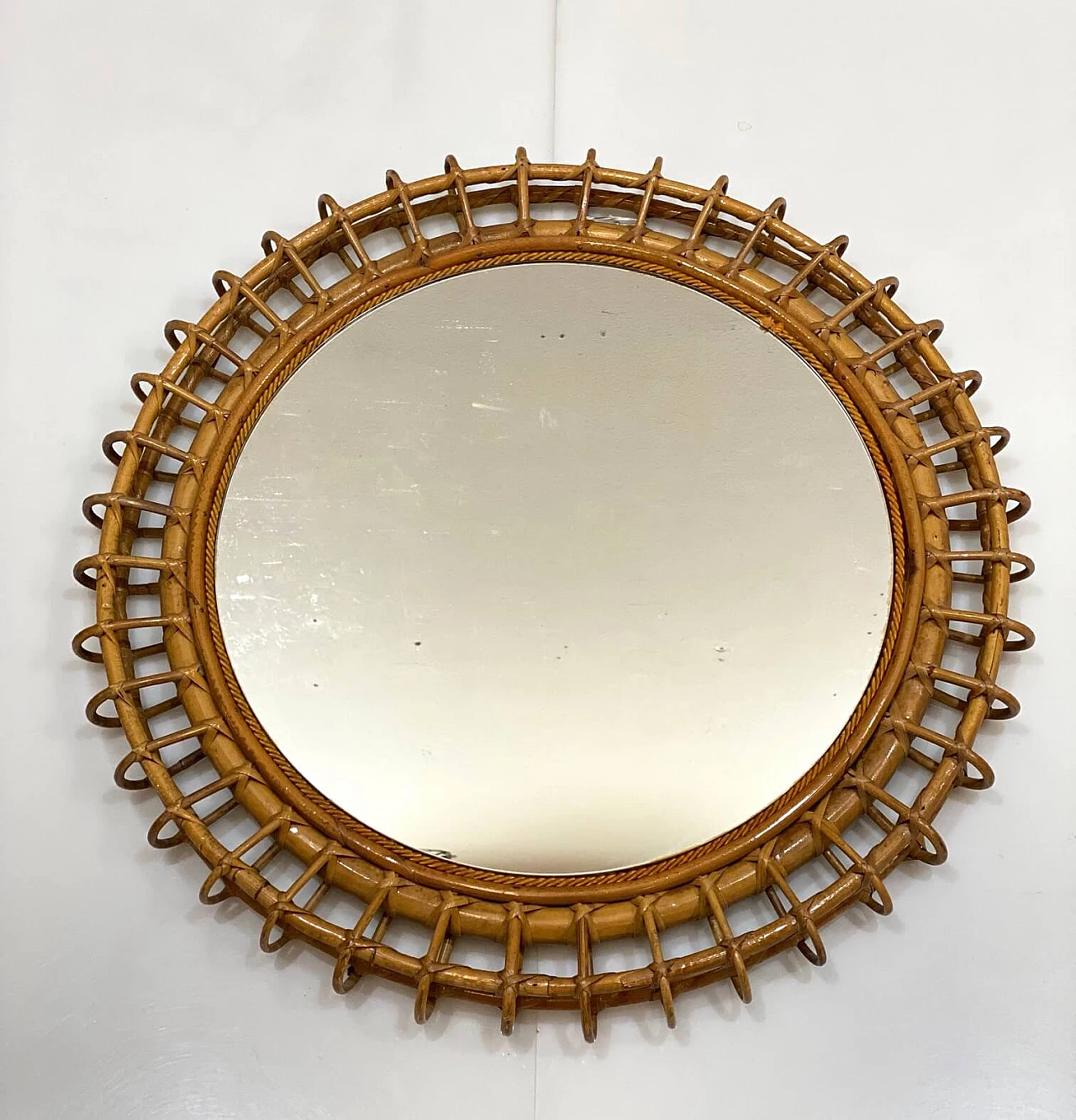Round mirror in bamboo and wicker, 1970s 1342952
