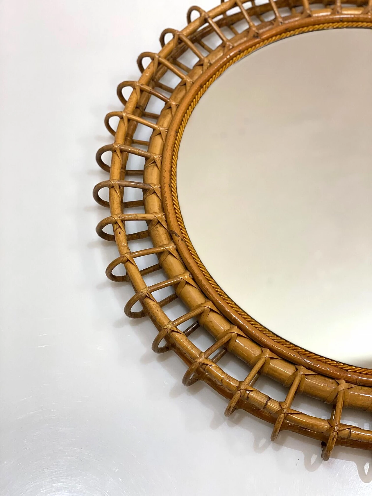 Round mirror in bamboo and wicker, 1970s 1342953