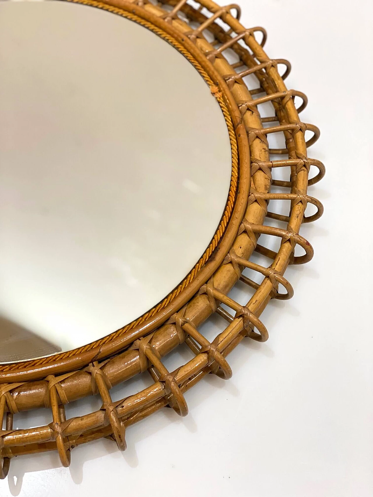 Round mirror in bamboo and wicker, 1970s 1342954