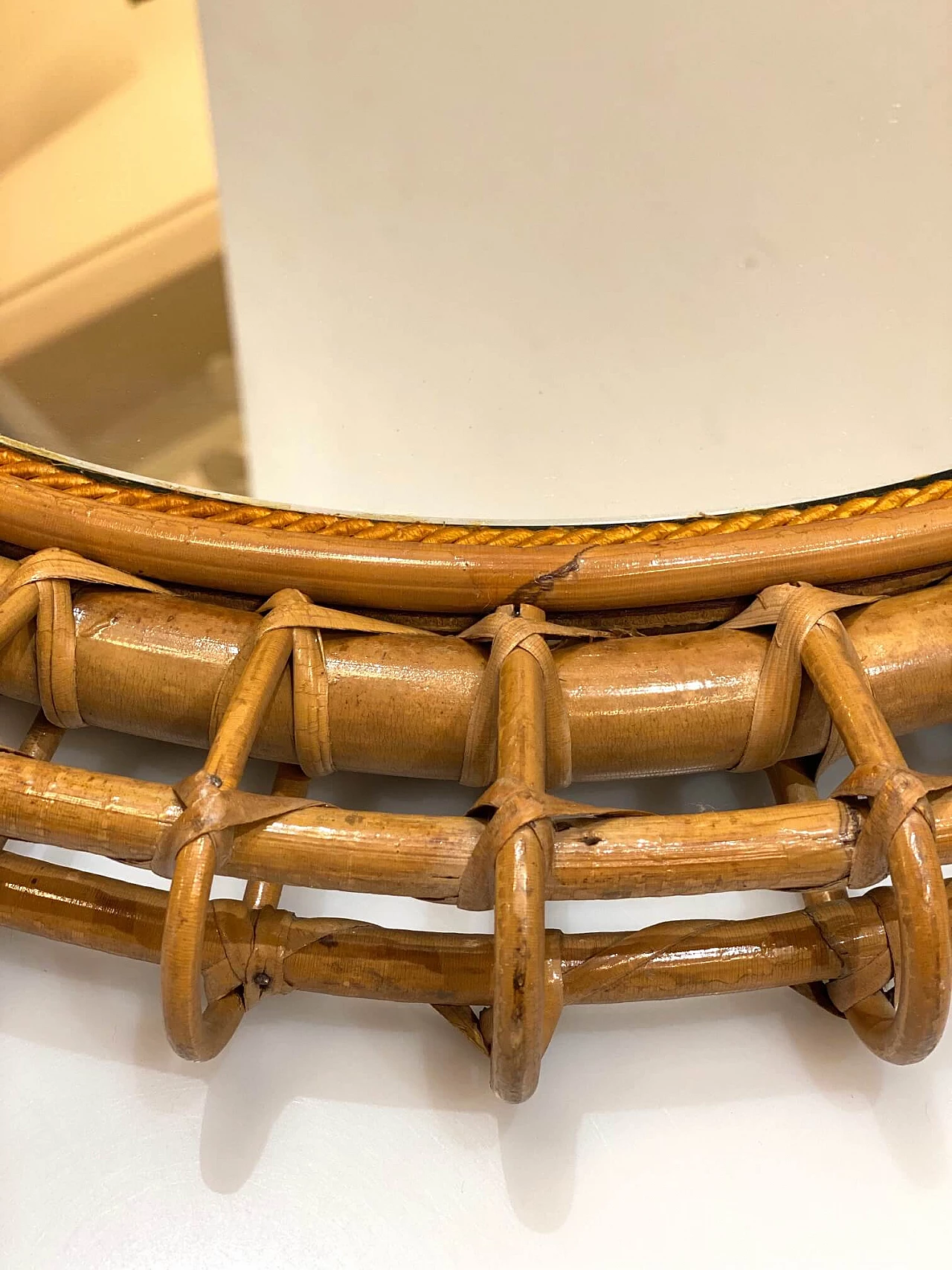 Round mirror in bamboo and wicker, 1970s 1342956