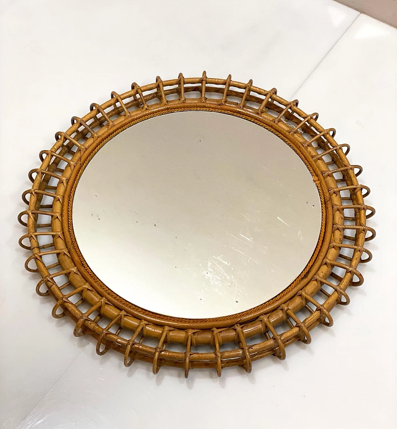 Round mirror in bamboo and wicker, 1970s 1342957