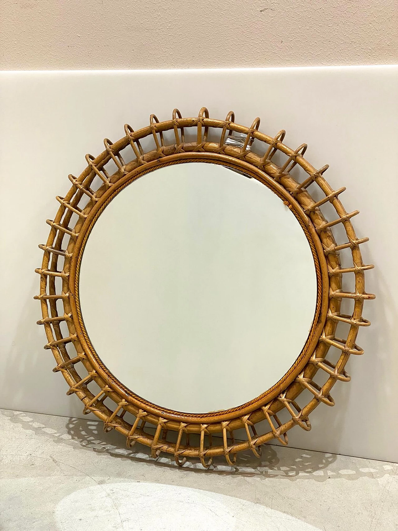 Round mirror in bamboo and wicker, 1970s 1342959