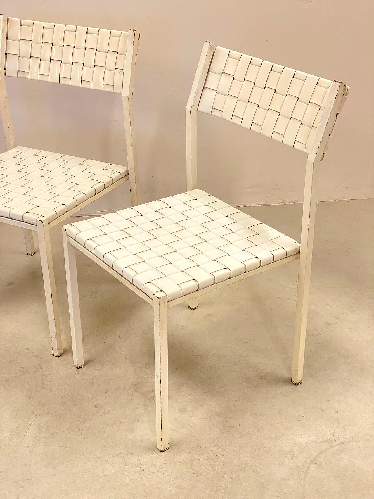 4 Sedie in cuoio intrecciato bianco, anni '80 1342962