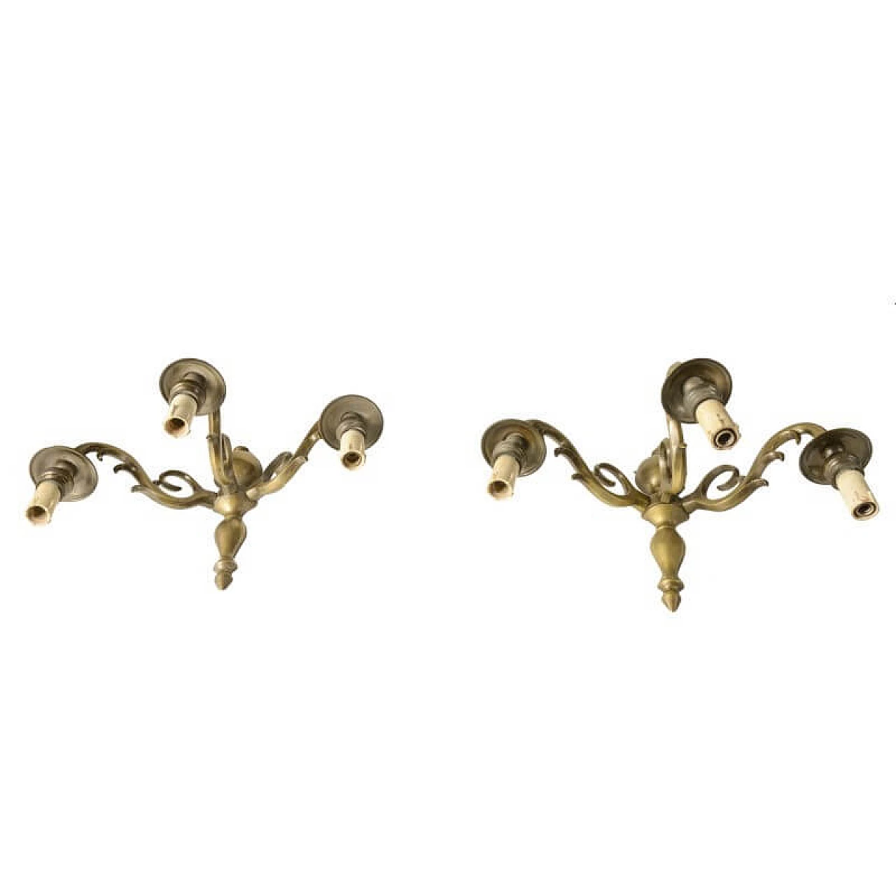 Pair of wall sconces with 3 light points in solid brass, 50s 1343358