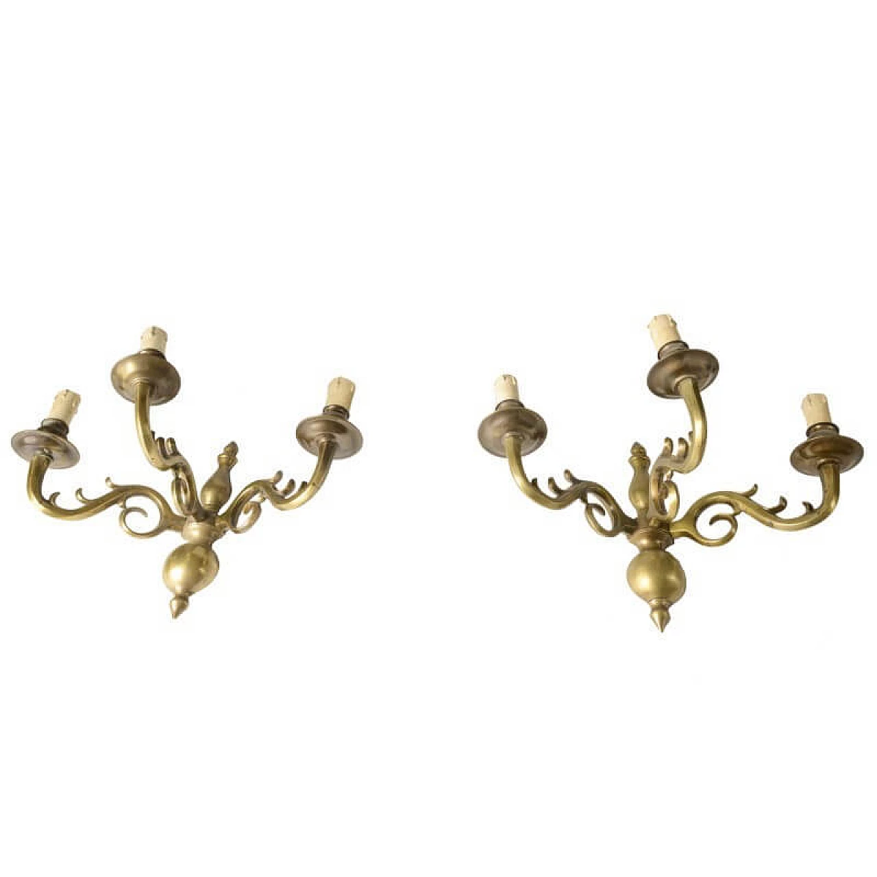 Pair of wall sconces with 3 light points in solid brass, 50s 1343359