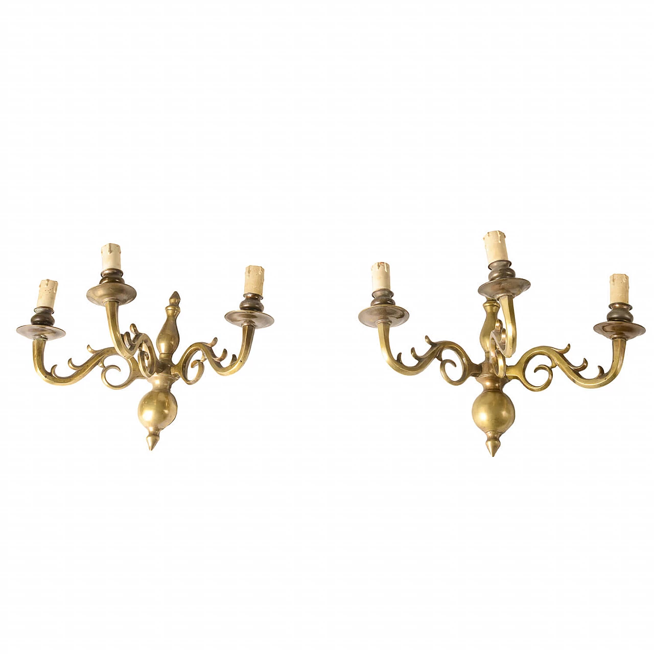 Pair of wall sconces with 3 light points in solid brass, 50s 1343360