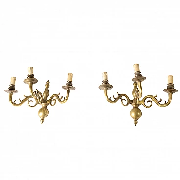 Pair of wall sconces with 3 light points in solid brass, 50s