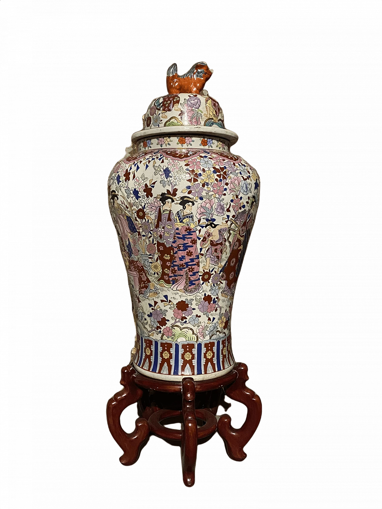 Grande vaso cinese in porcellana con supporto in legno, inizio '900 1343371