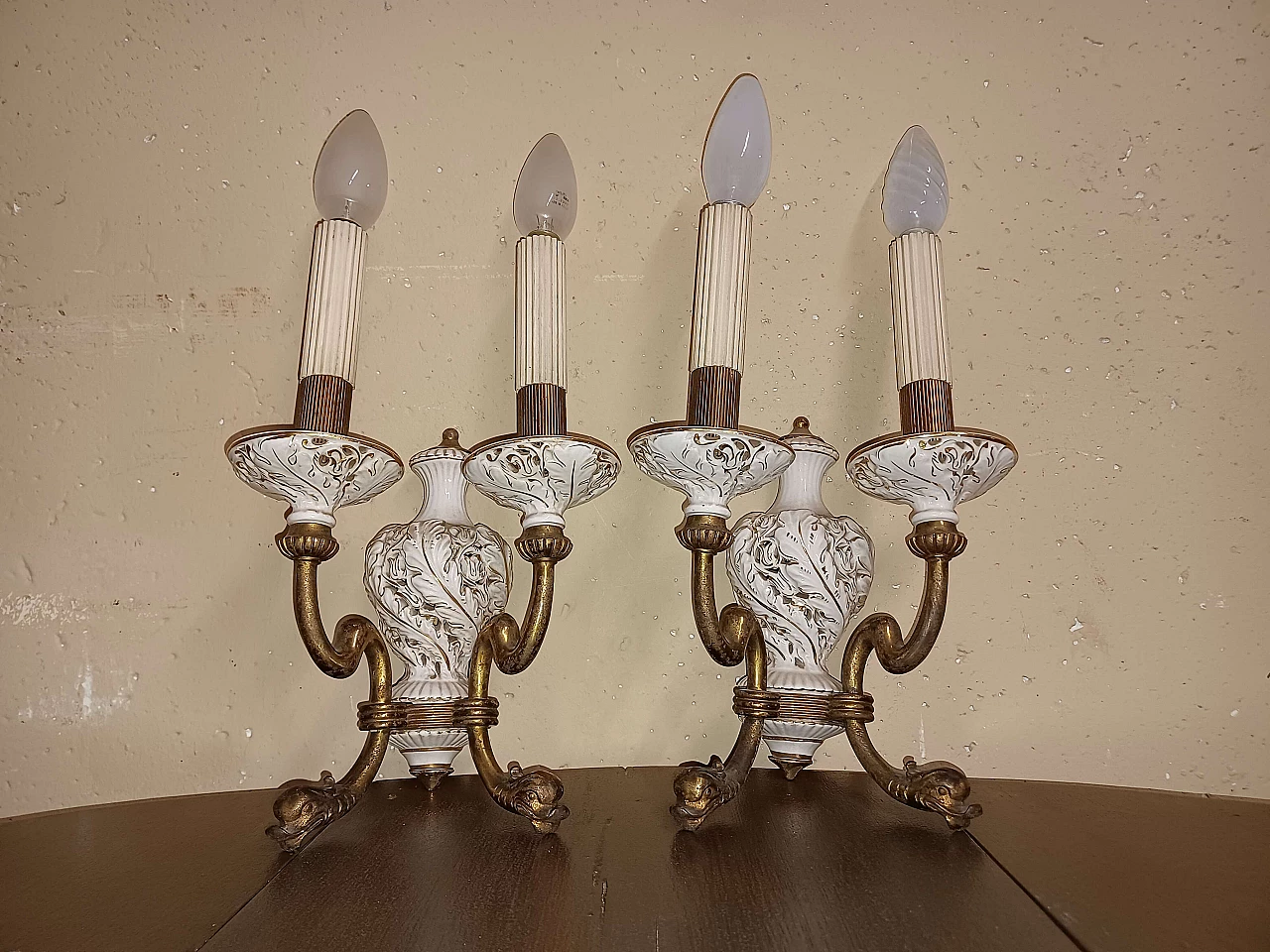 Pair of bronze and glazed ceramic wall lamps, 1950s 1343381