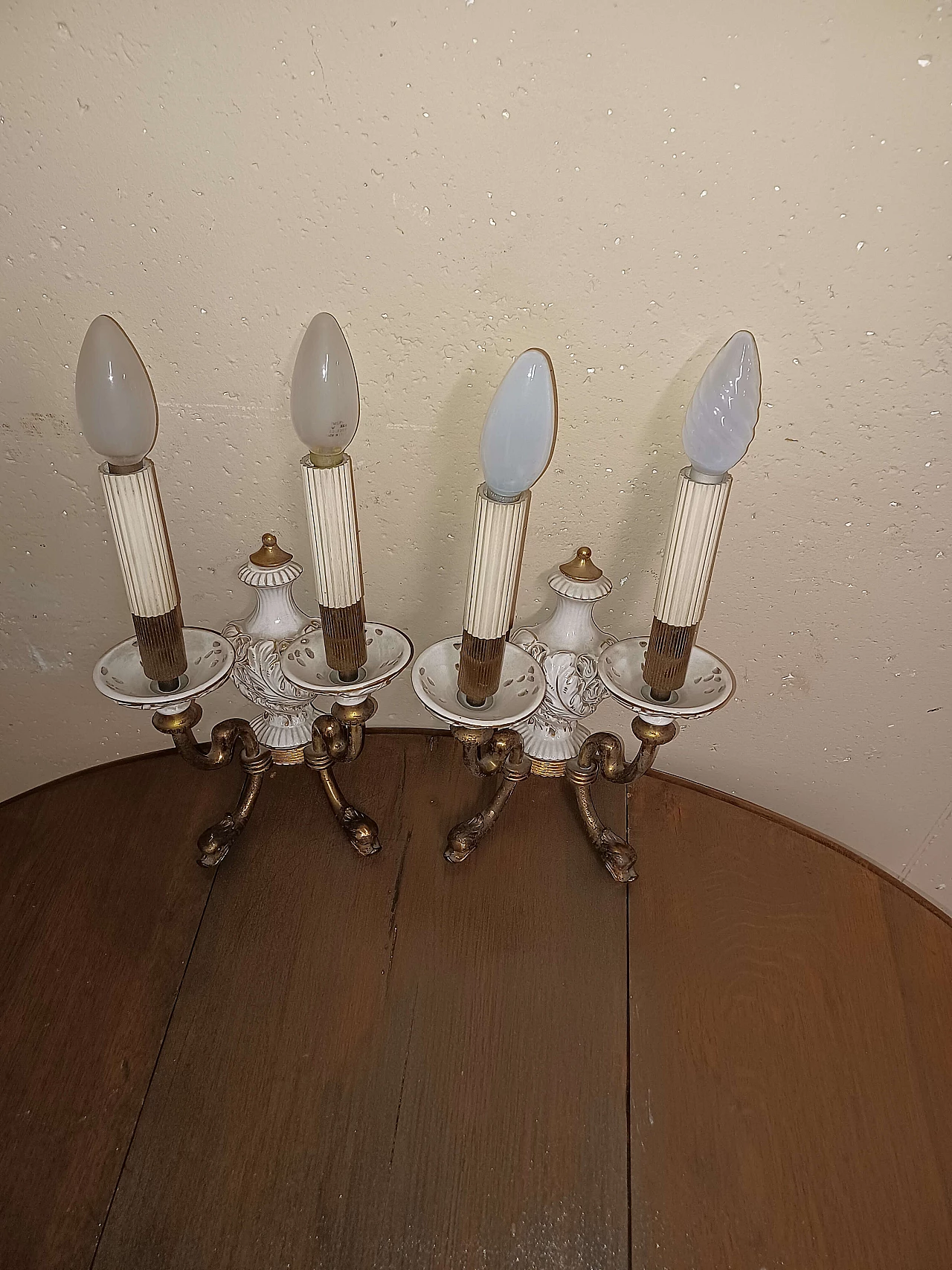Pair of bronze and glazed ceramic wall lamps, 1950s 1343385