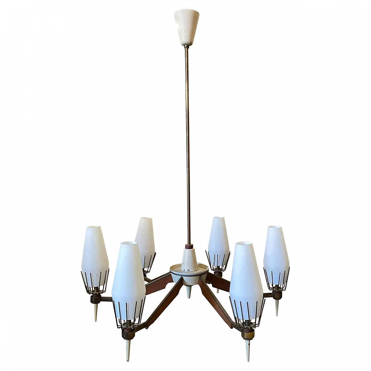 Chandelier in the manner of Arredoluce in brass, glass and teak, 50s 1343425