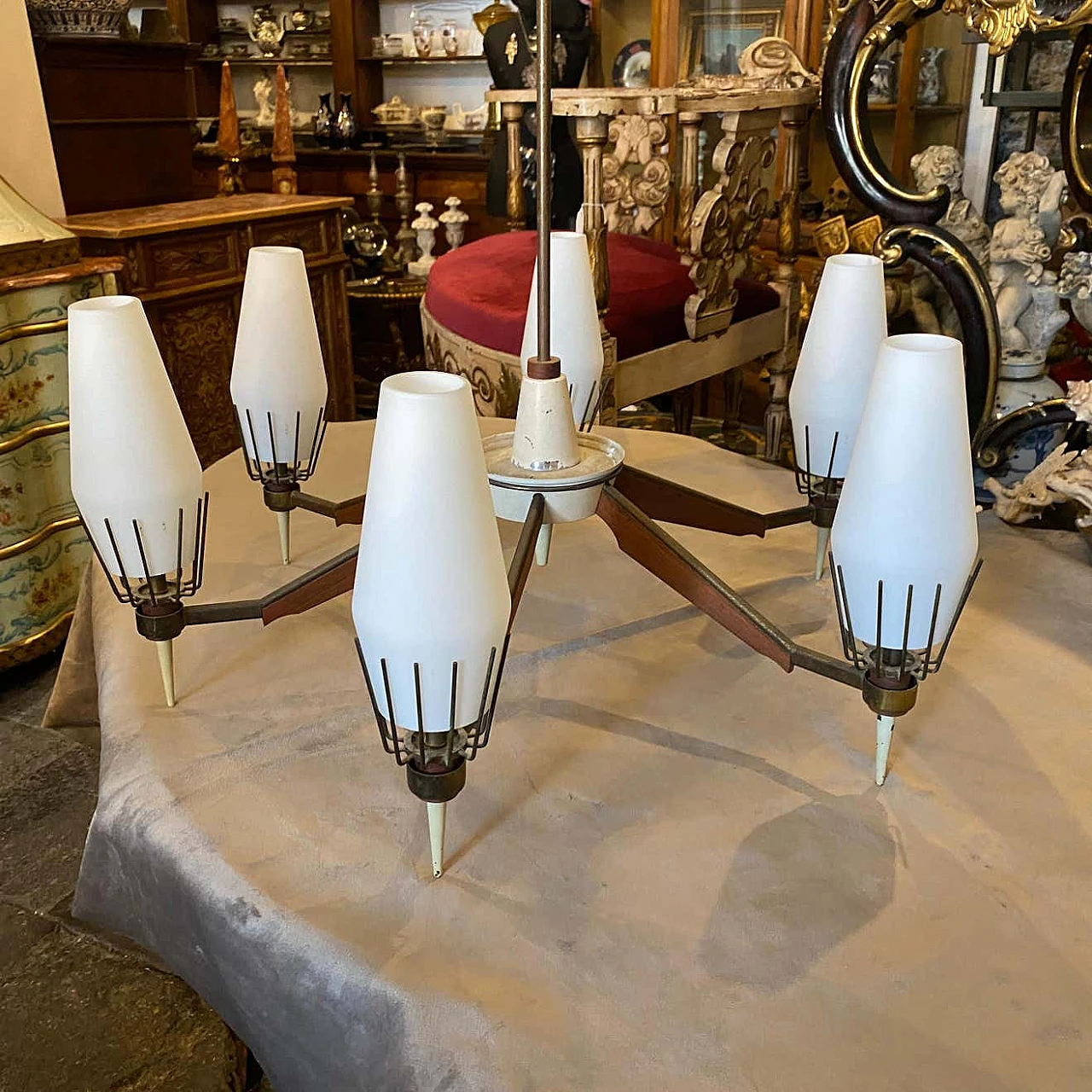 Chandelier in the manner of Arredoluce in brass, glass and teak, 50s 1343433