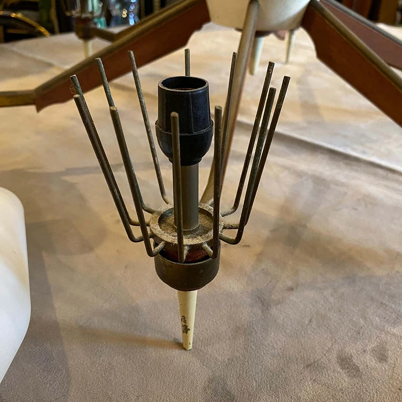 Chandelier in the manner of Arredoluce in brass, glass and teak, 50s 1343435