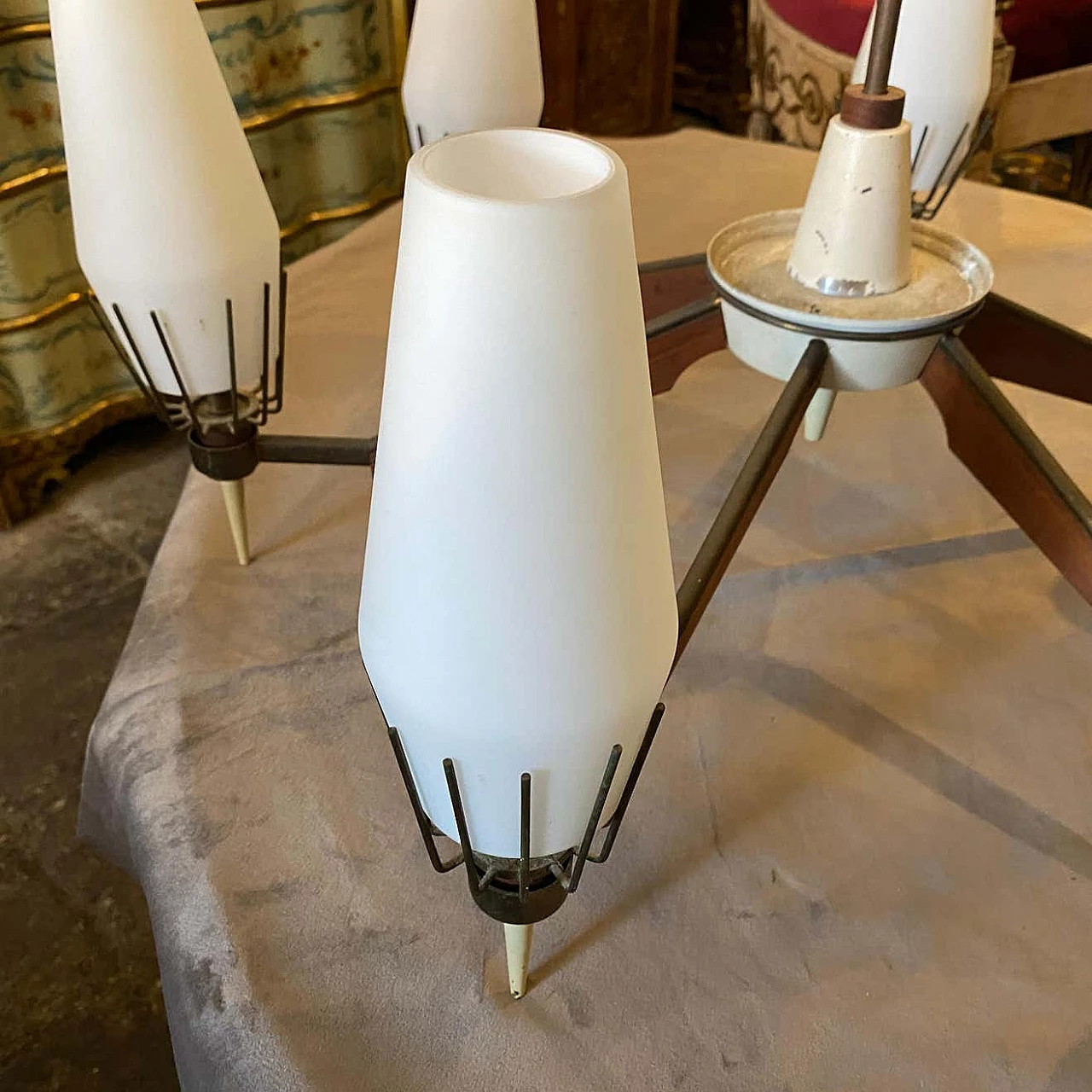 Chandelier in the manner of Arredoluce in brass, glass and teak, 50s 1343441