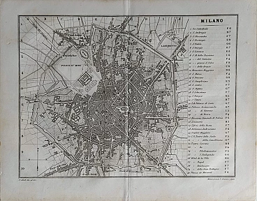 Etching Pianta Milano by Pietro Allodi, 19th century