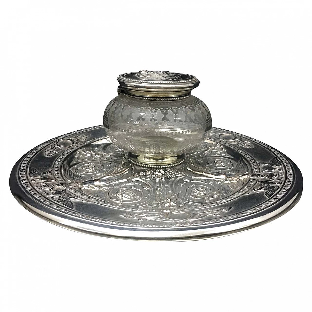 Victorian inkstand in silver plated and crystal by T. Elkington, 19th century 1344236