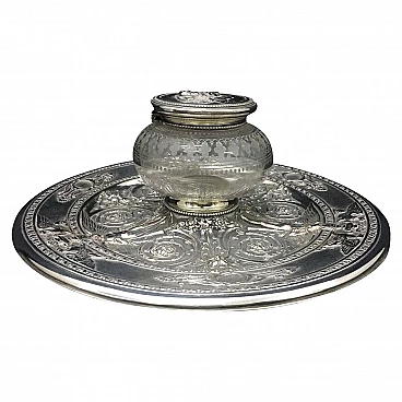 Victorian inkstand in silver plated and crystal by T. Elkington, 19th century