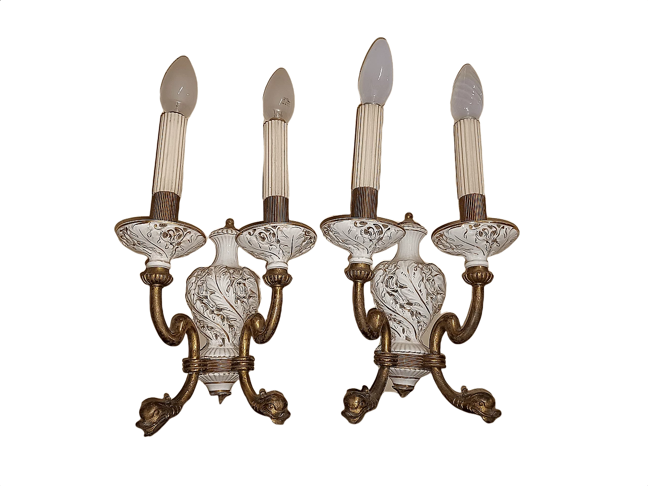 Pair of bronze and glazed ceramic wall lamps, 1950s 1344349