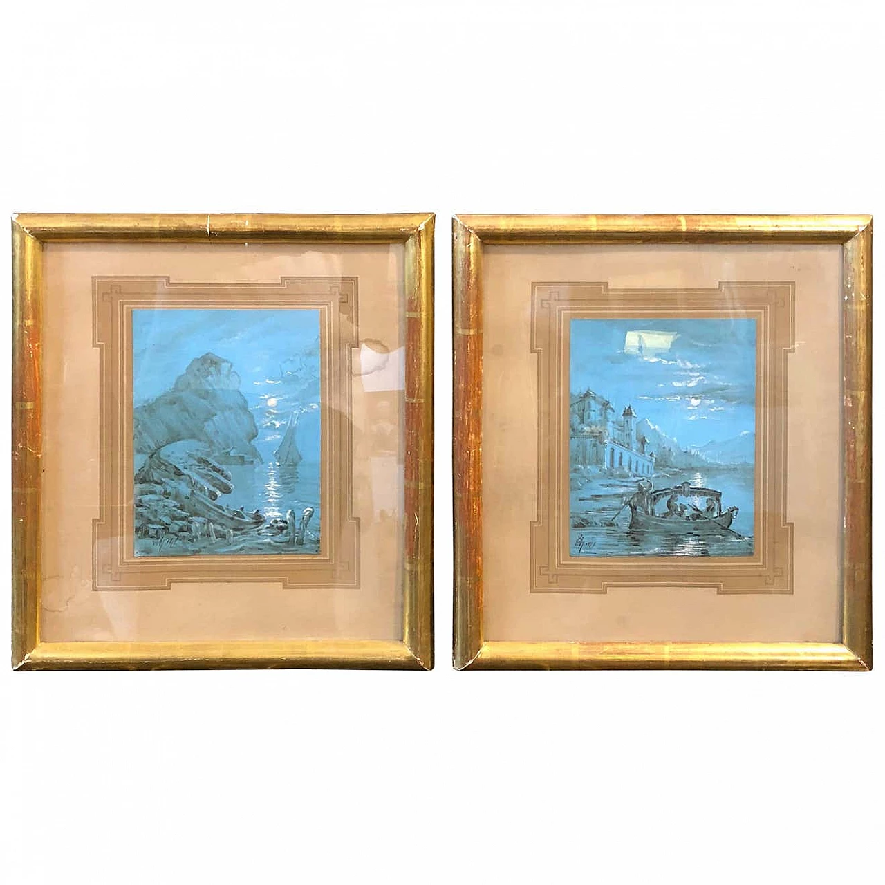 Coppia di guazzi napoletani dipinti a mano con cornici in legno dorato, 1878 1344414