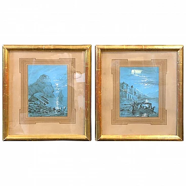 Pair of Neapolitan hand-painted gouaches with gilded wood frames, 1878