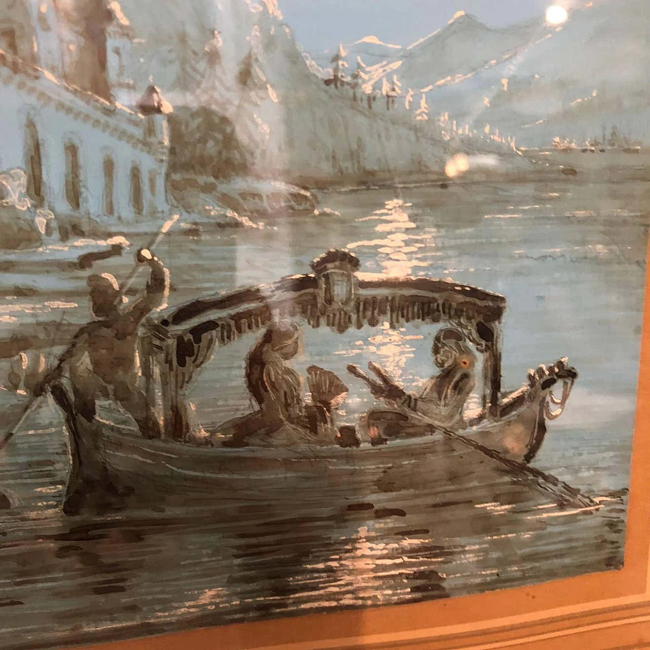 Pair of Neapolitan hand-painted gouaches with gilded wood frames, 1878 1344417