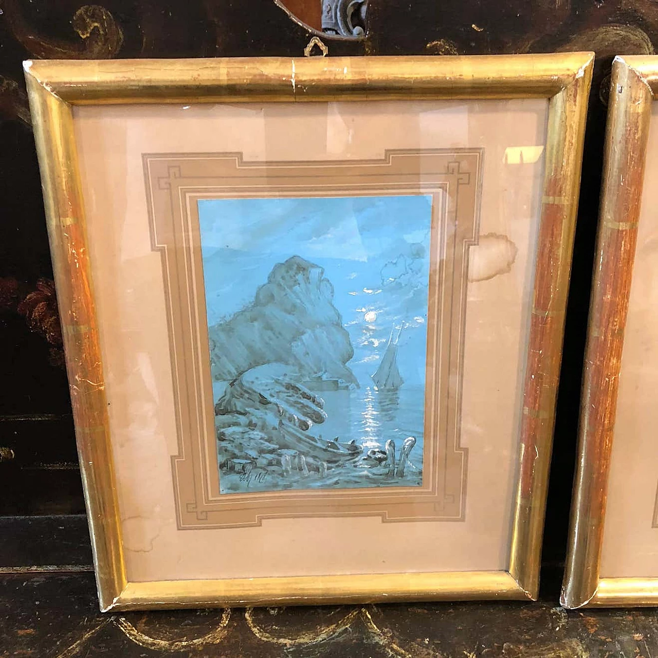Pair of Neapolitan hand-painted gouaches with gilded wood frames, 1878 1344418