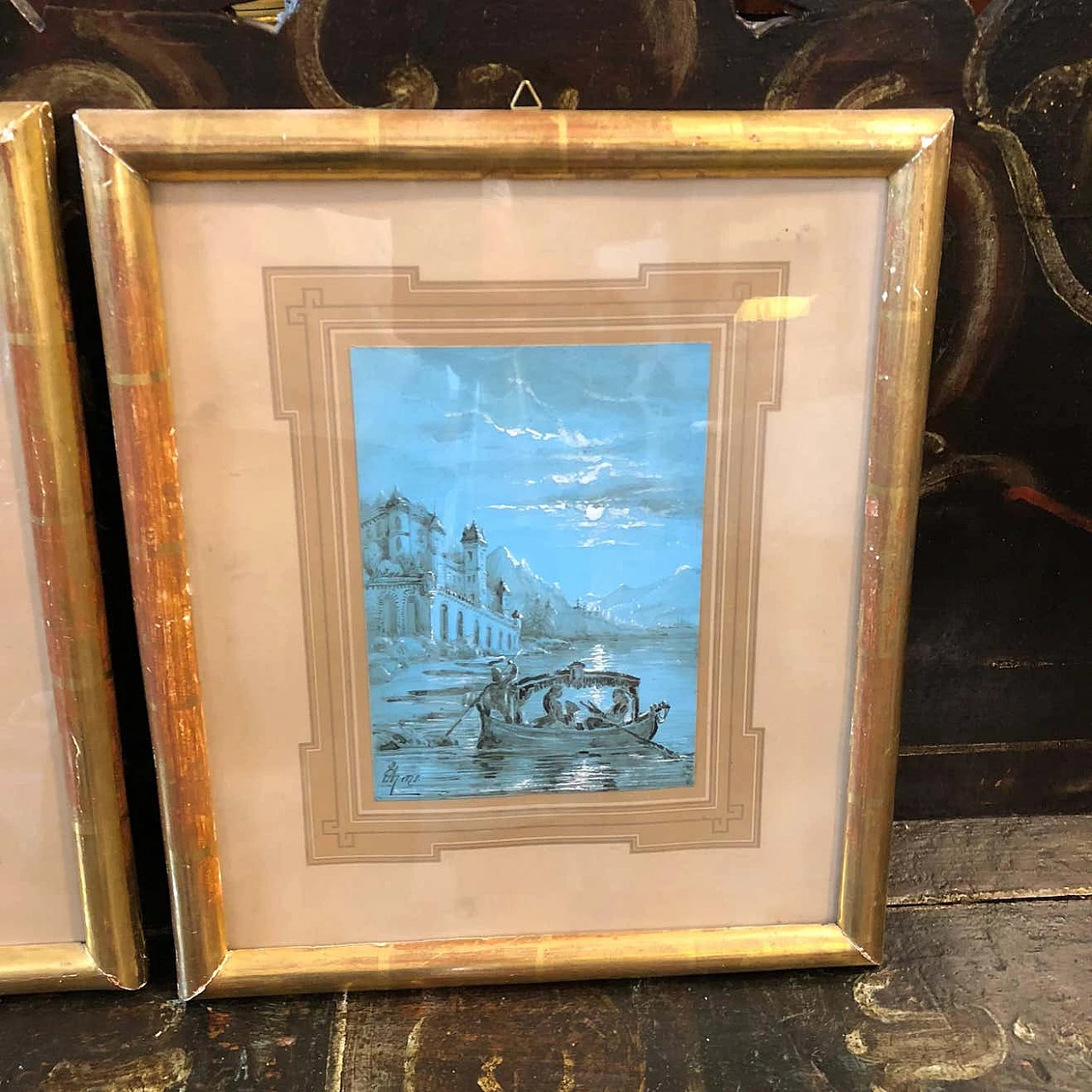 Pair of Neapolitan hand-painted gouaches with gilded wood frames, 1878 1344419