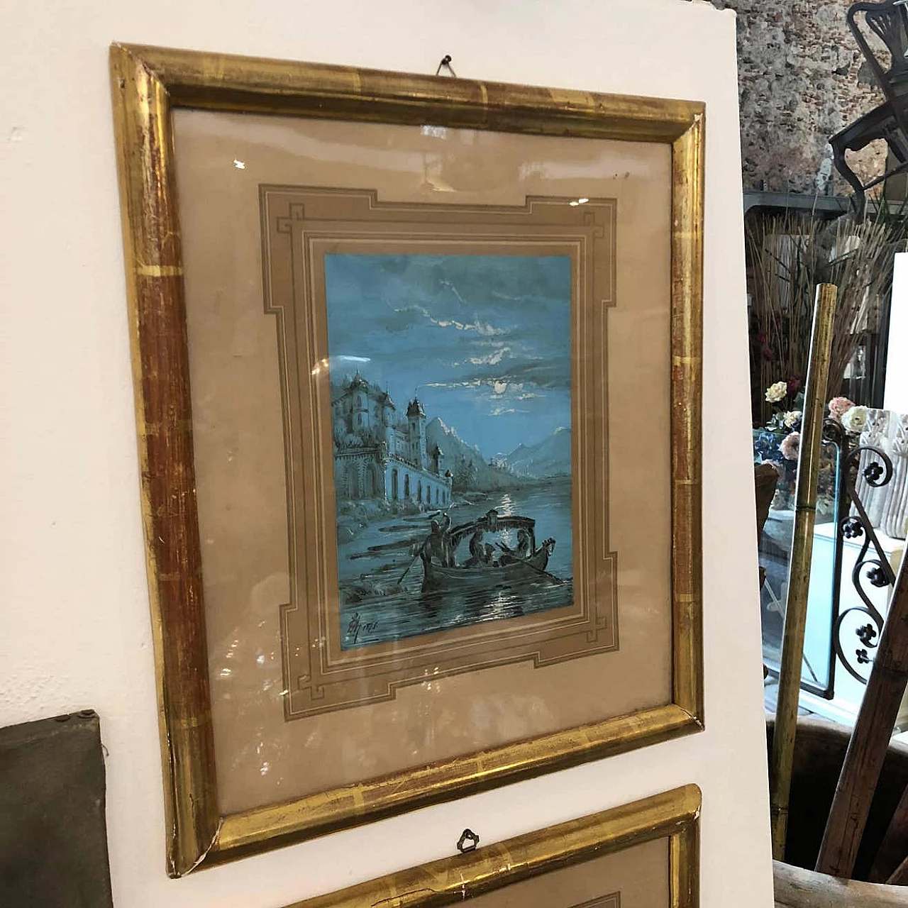 Pair of Neapolitan hand-painted gouaches with gilded wood frames, 1878 1344420