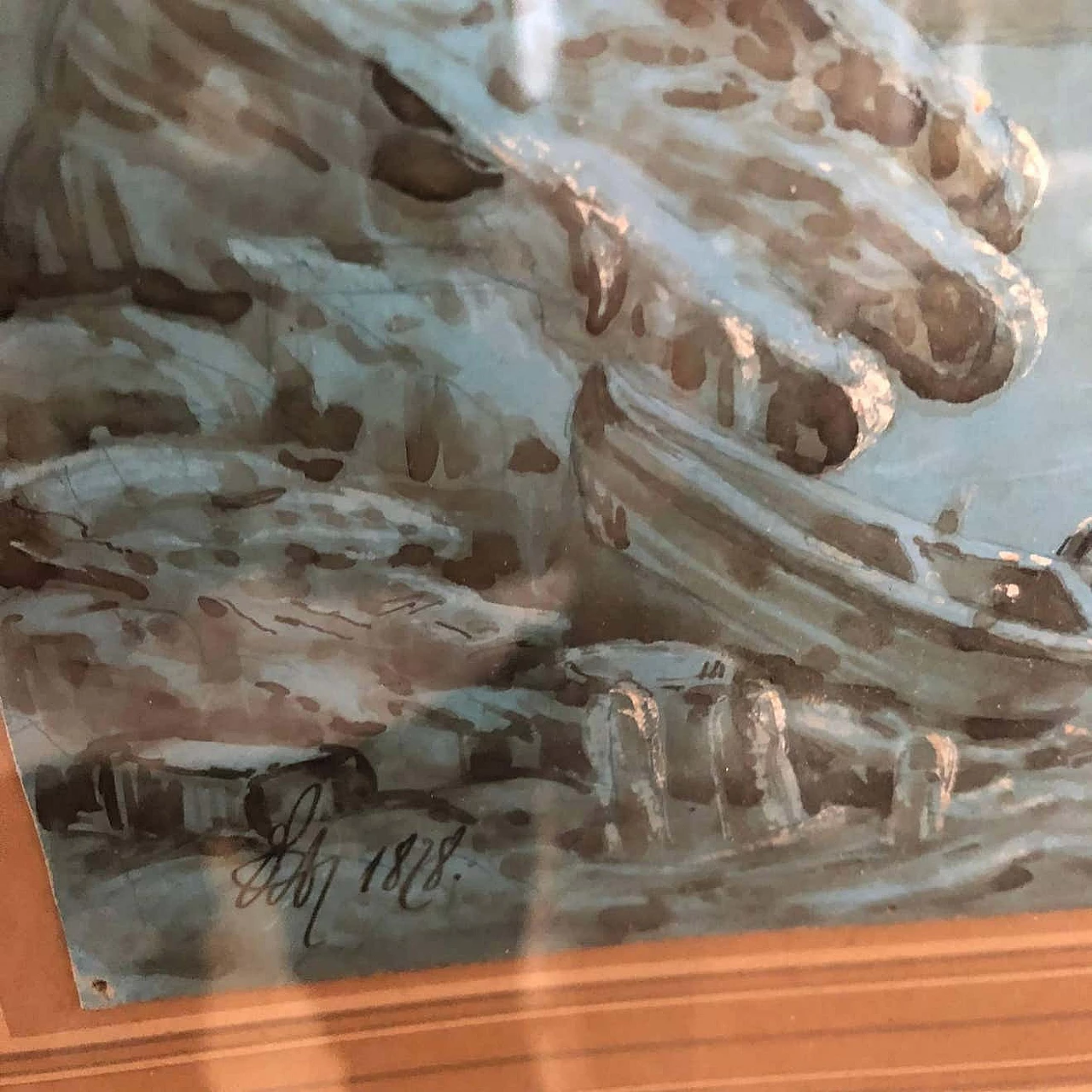 Pair of Neapolitan hand-painted gouaches with gilded wood frames, 1878 1344423