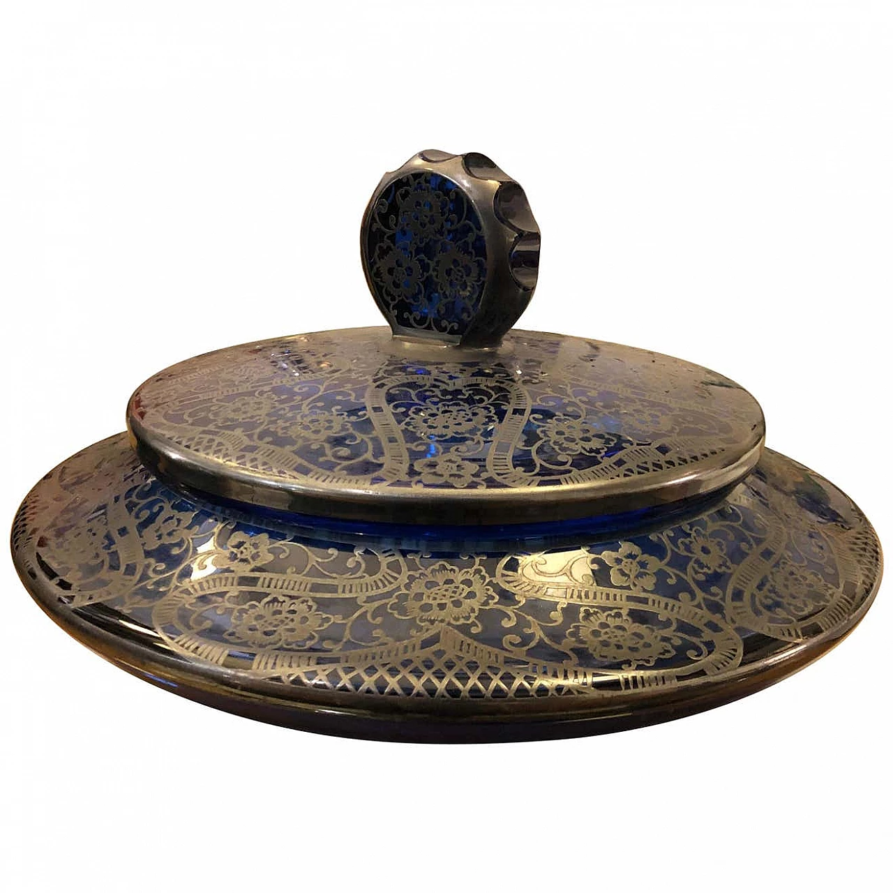 Portagioie in vetro blu e argento, anni '40 1344471