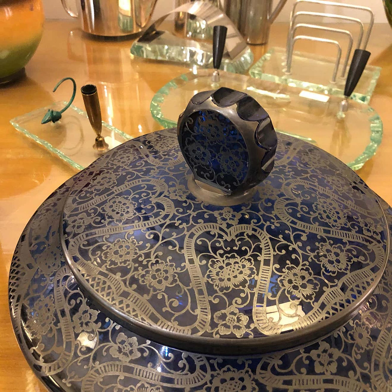 Portagioie in vetro blu e argento, anni '40 1344472