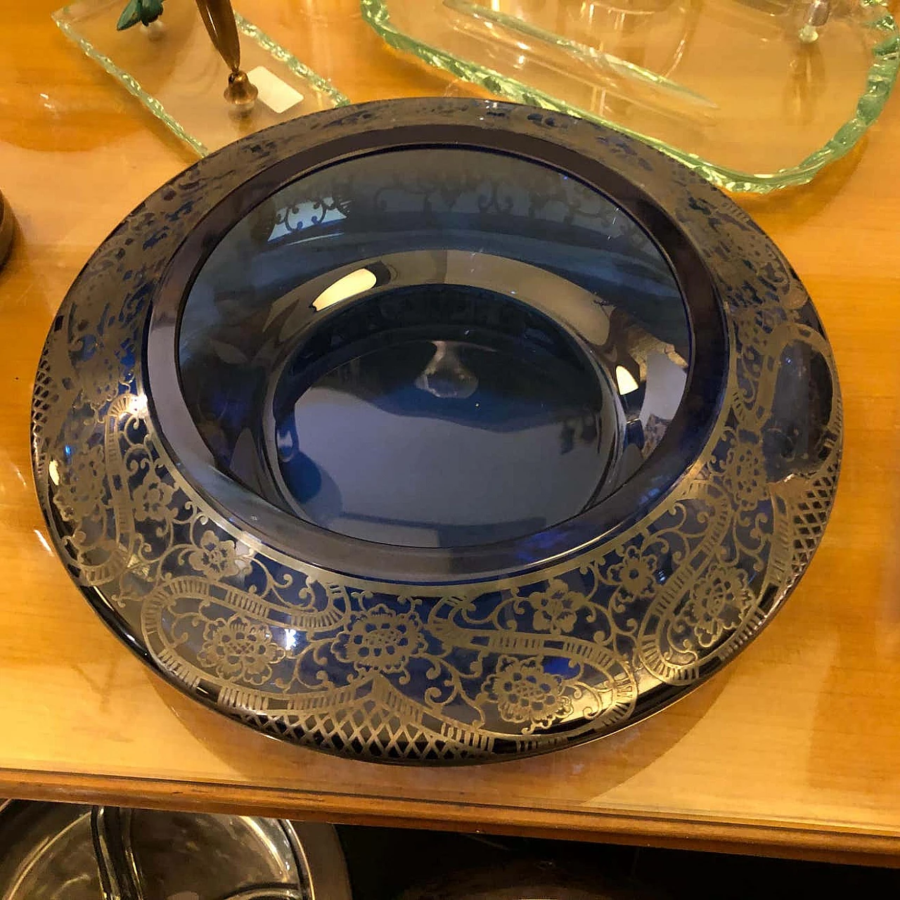 Portagioie in vetro blu e argento, anni '40 1344473