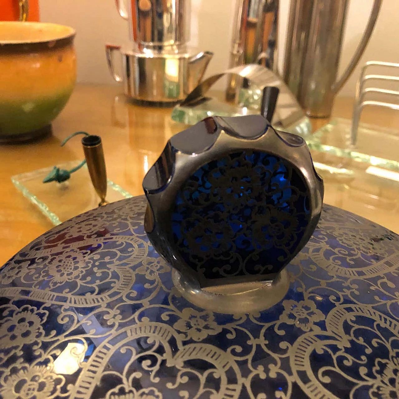 Portagioie in vetro blu e argento, anni '40 1344474