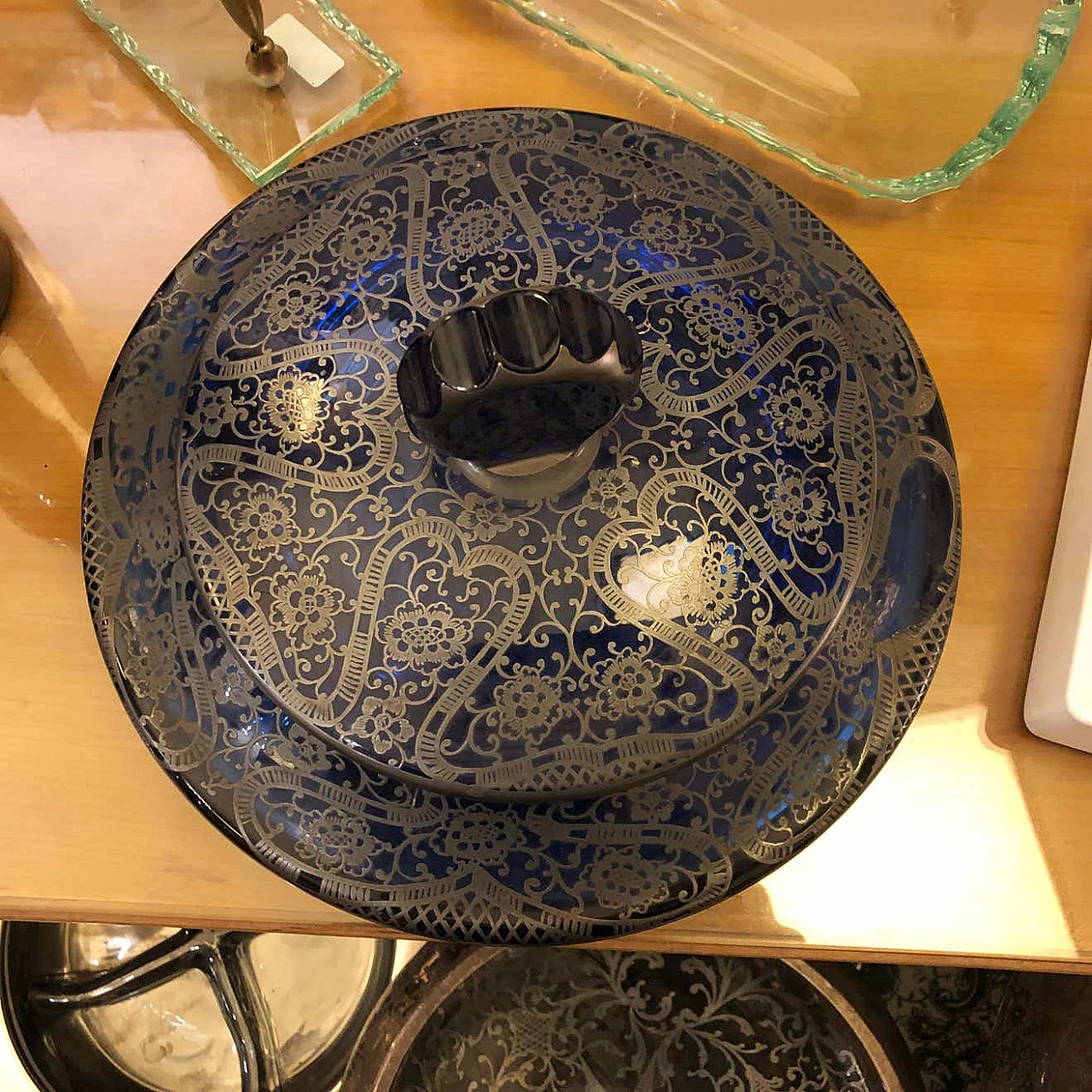 Portagioie in vetro blu e argento, anni '40 1344476