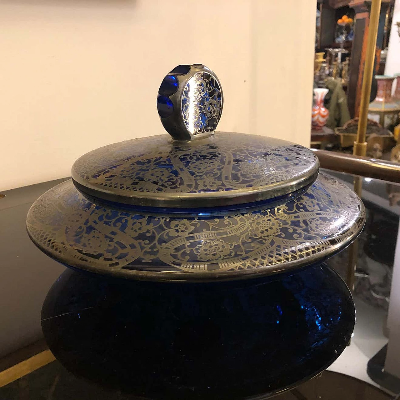Portagioie in vetro blu e argento, anni '40 1344477