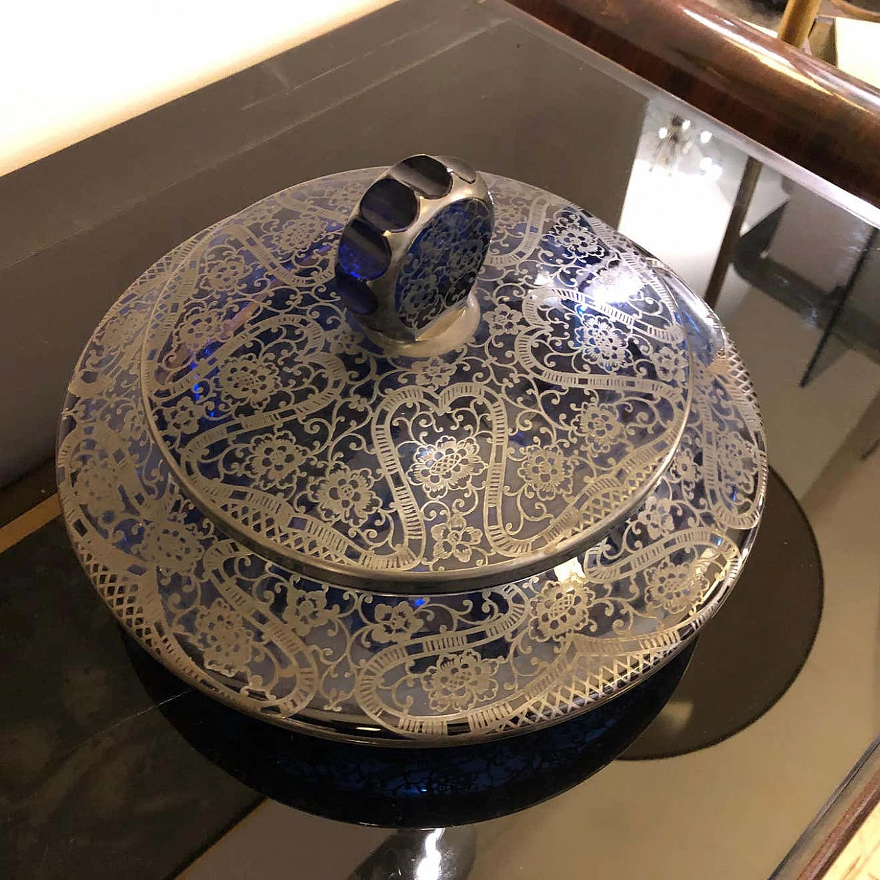 Portagioie in vetro blu e argento, anni '40 1344478