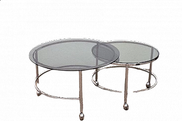 Revolving coffee table with 2 tops in chromed steel and smoked crystal, 70s