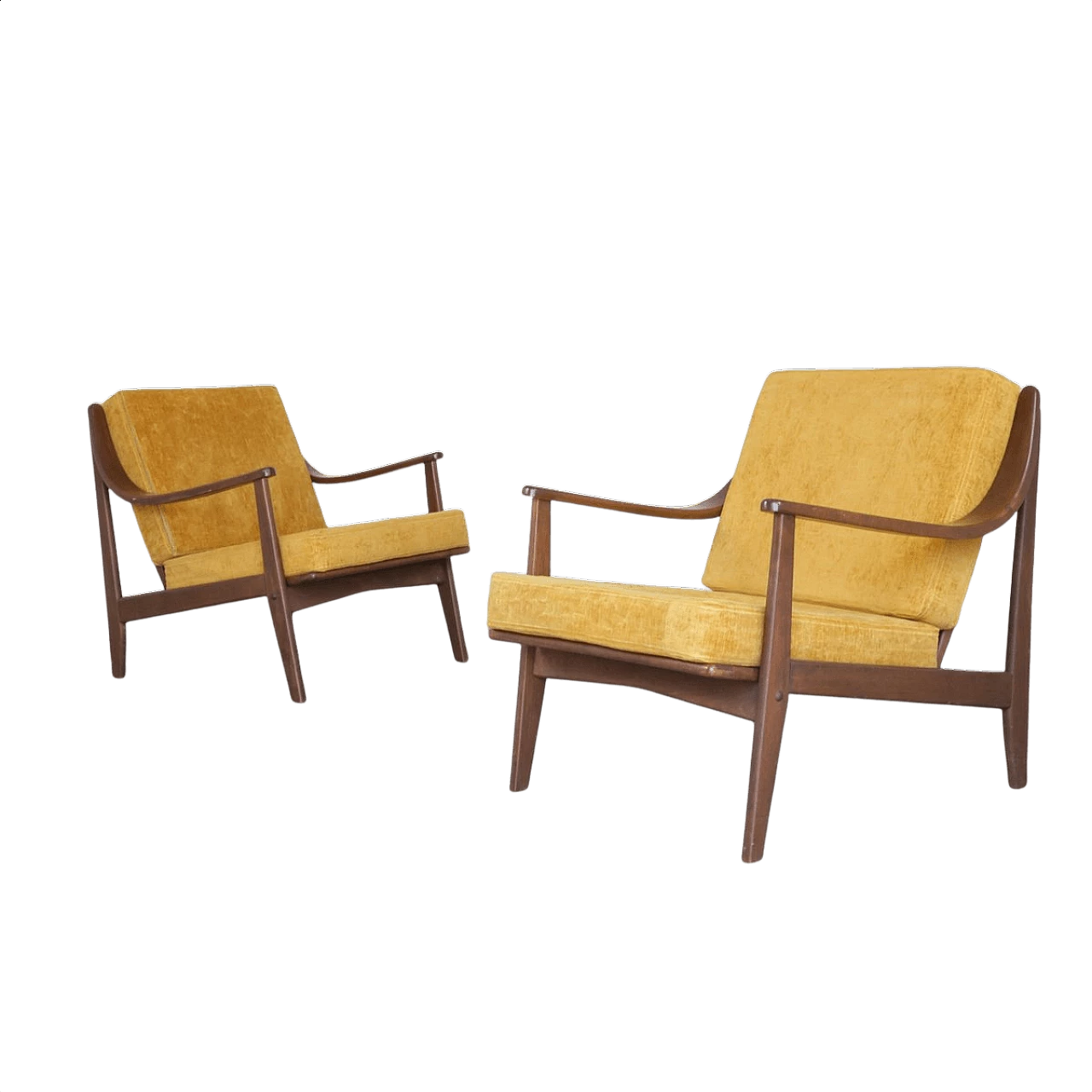 Pair of armchairs in wood and fabric, 60s 1346309