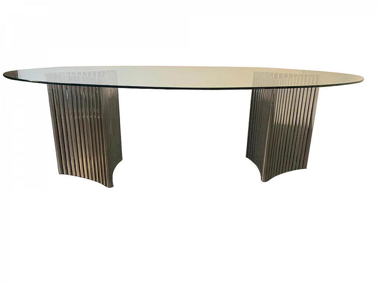 Tavolo con due basi in acciaio e piano in cristallo, anni '70