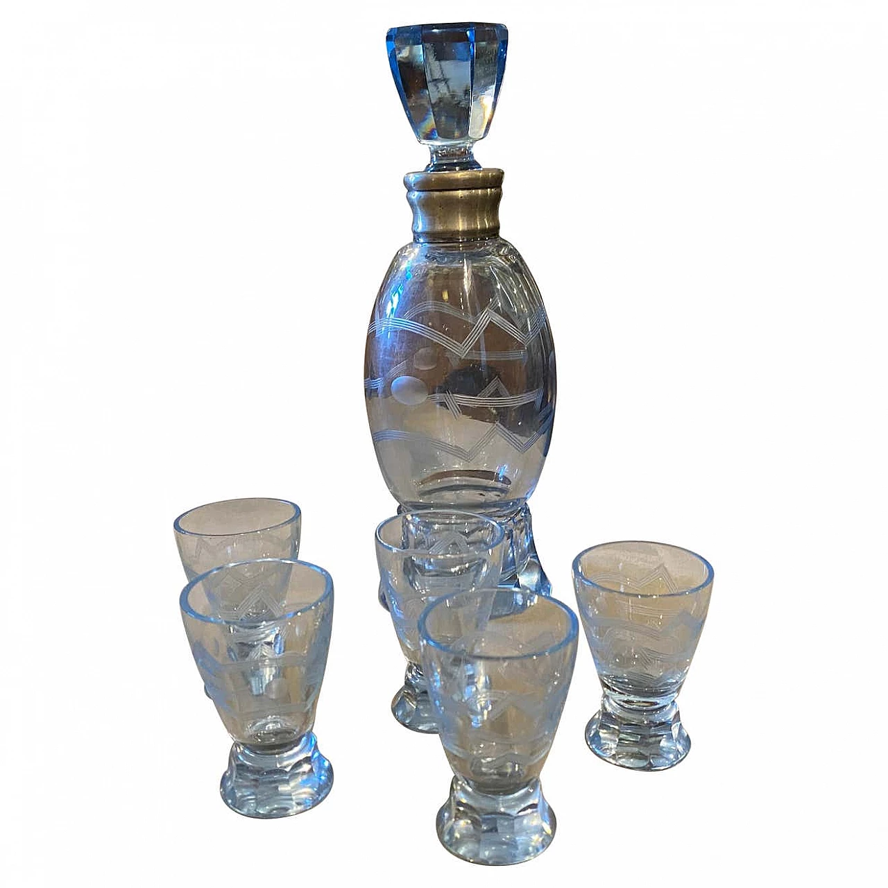 Set da liquore Art Deco in vetro blu inciso e argento, anni '30 1346325