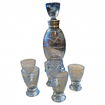 Set da liquore Art Deco in vetro blu inciso e argento, anni '30
