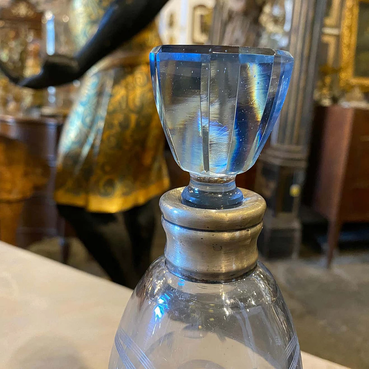 Set da liquore Art Deco in vetro blu inciso e argento, anni '30 1346330