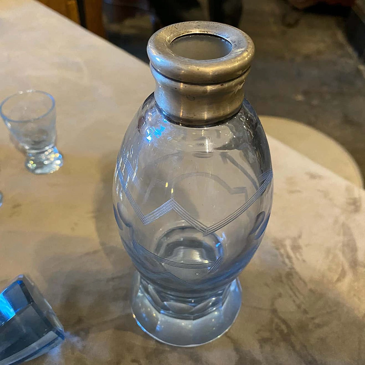 Art Deco liquor set in engraved blue glass and silver, 30s 1346332