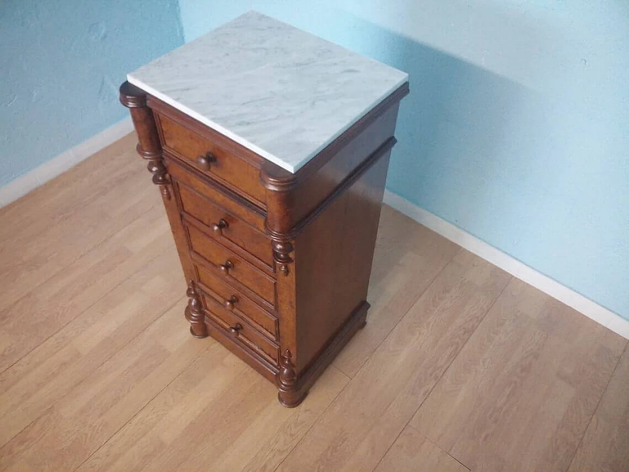 Wooden bedside table with white Carrara marble top, 19th century 1346369