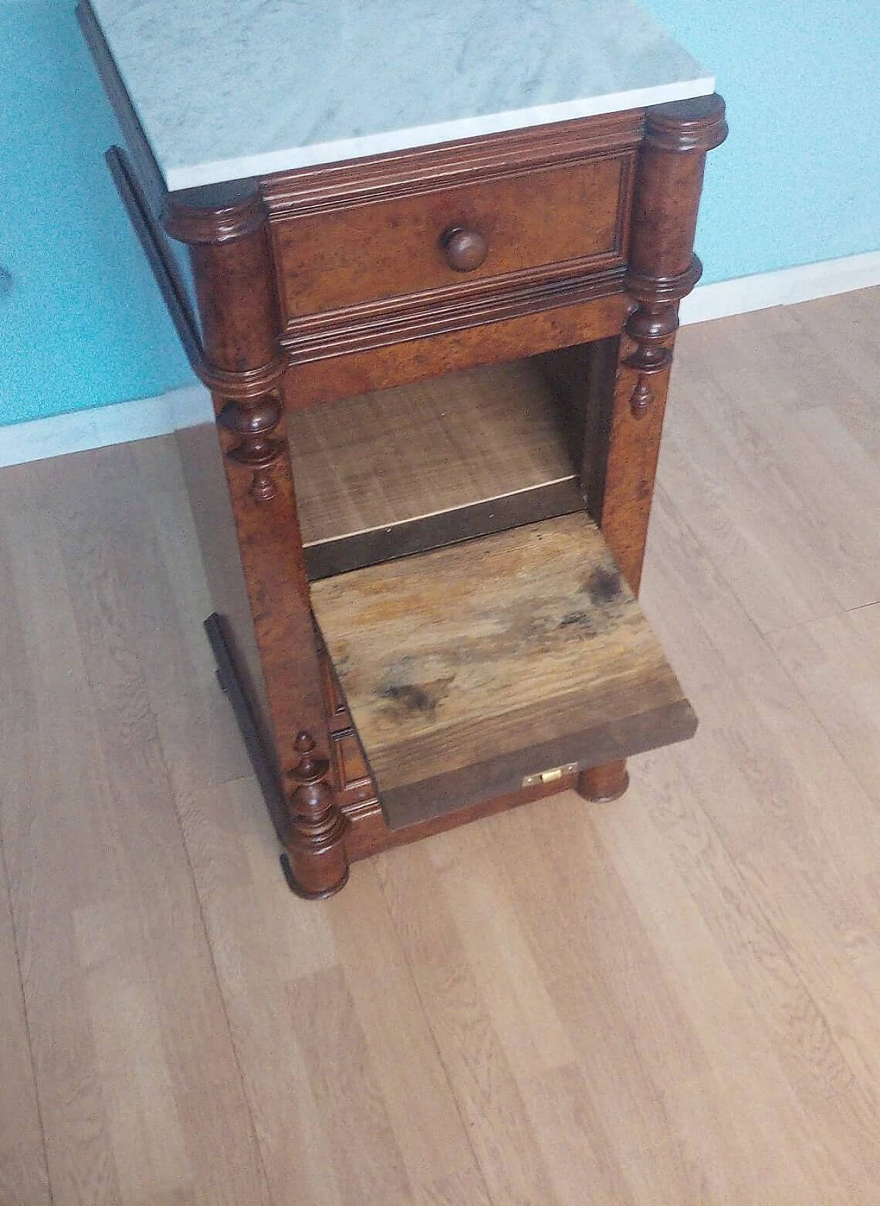 Wooden bedside table with white Carrara marble top, 19th century 1346370