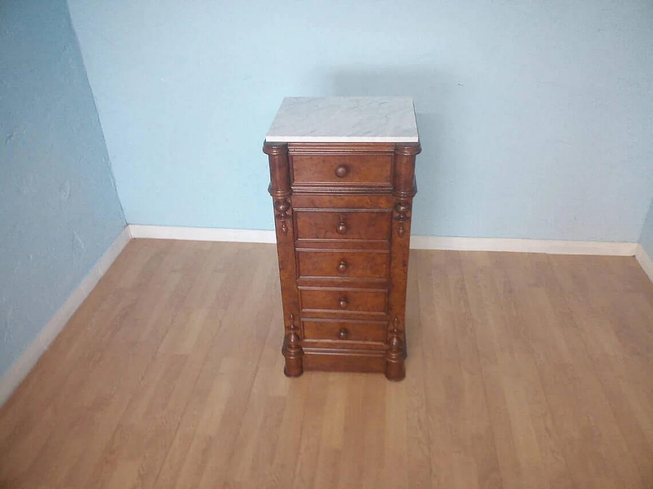 Wooden bedside table with white Carrara marble top, 19th century 1346372