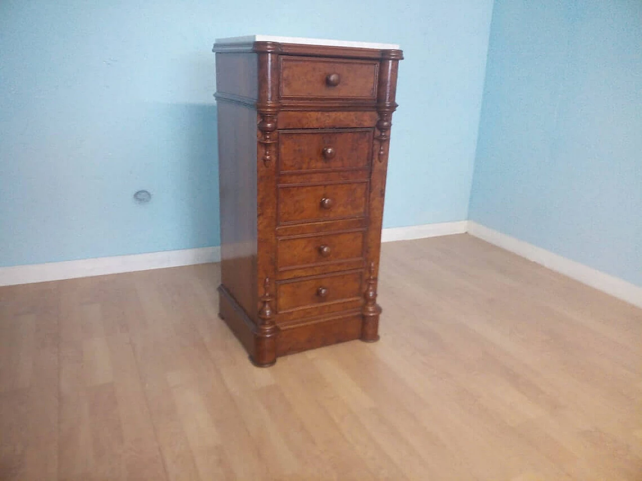 Wooden bedside table with white Carrara marble top, 19th century 1346373