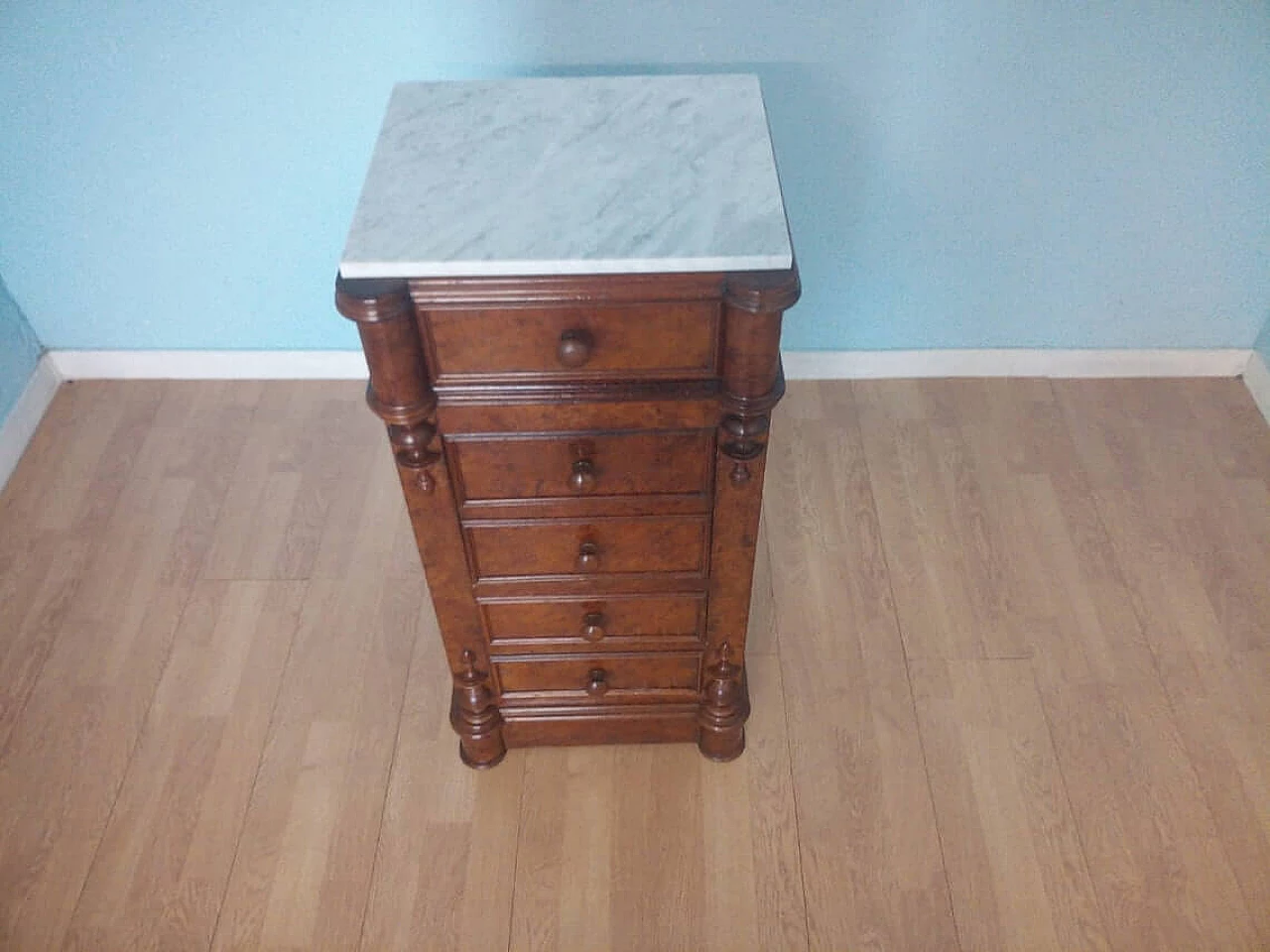 Wooden bedside table with white Carrara marble top, 19th century 1346375